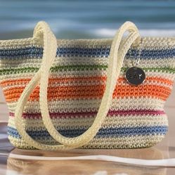 The Sak Multicolor Crochet Tote Handbag Purse 6” Zip Close Handle Pockets EUC