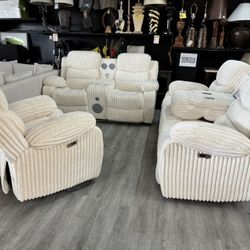 Cream Corduroy Power Reclining Sofa Loveseat And Chair 