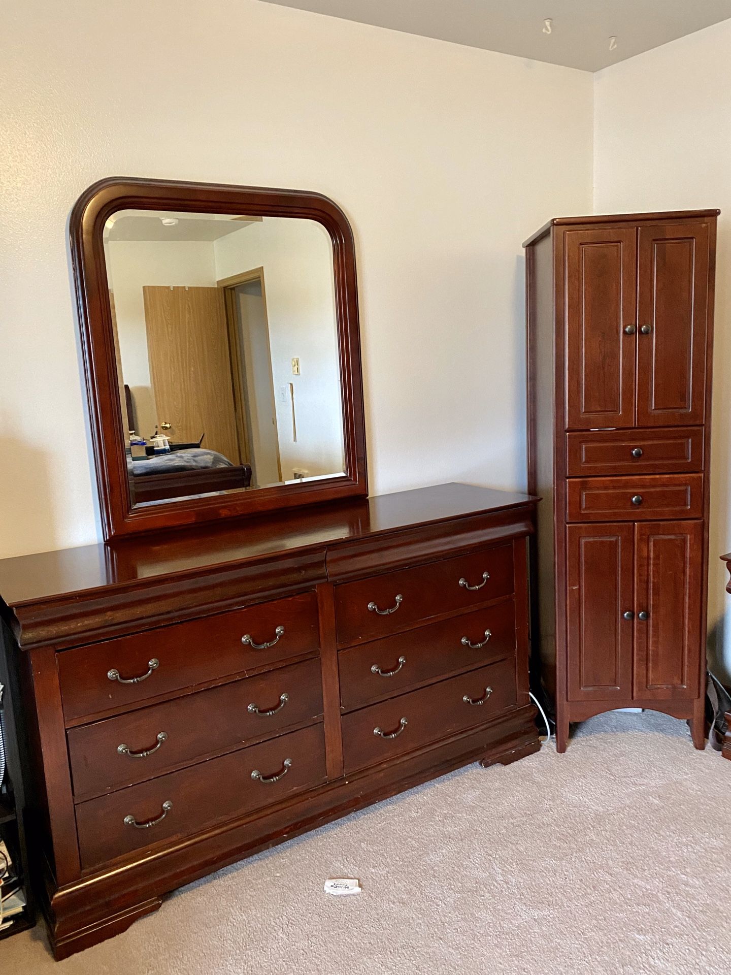 Cherry wood dresser with mirror with 8 drawers and tall cherry wood tall cabinet