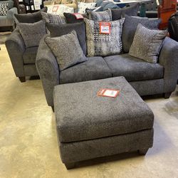 Three-piece living room suit for 1349 include sofa, loveseat, and cocktail ottoman brand new