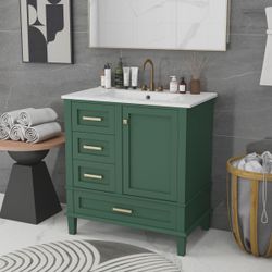NEW Green 30 in. W Single Sink Freestanding Bath Vanity with White Ceramic Top and Soft Closing Door, 3 Drawers Unassembled