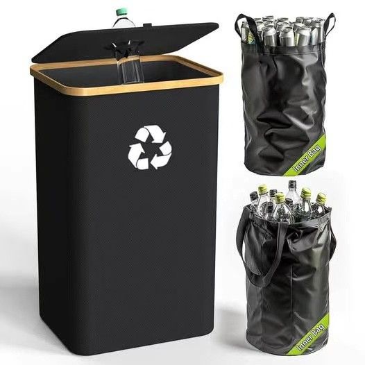 Recycling Bin for Kitchen Indoor Home, Large 26 Gallon 100L Recycle Bin with Lid Removeable Reusable Inner Bag Bottle Can Glass Waste Plastice Sticker