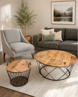 Modern Gray Accent Chair + 2-Piece Wood & Metal Table Set