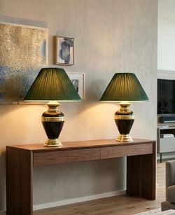 Pair of Green and Gold Table Lamps with Green Shades