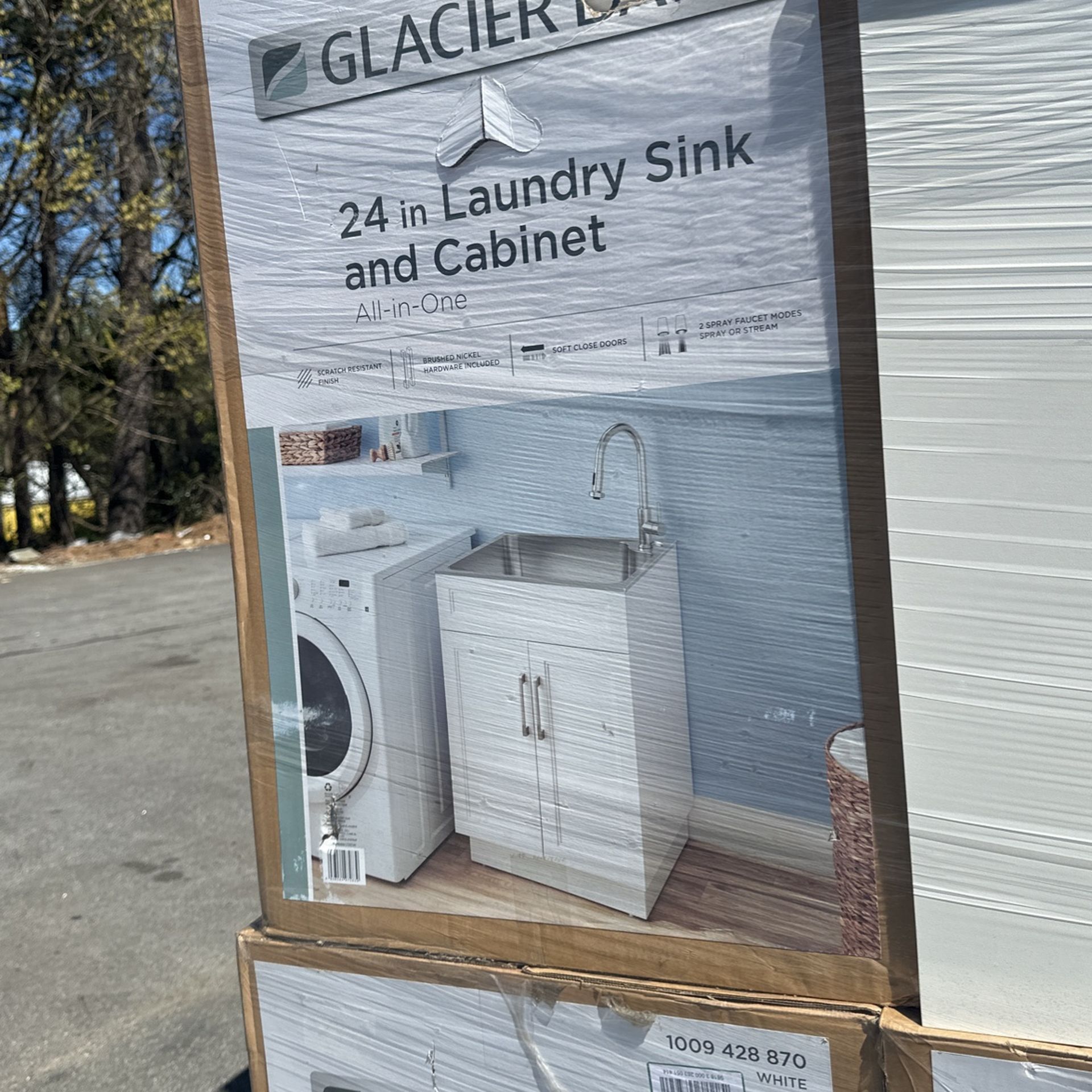 Glacier Bay All-in 1-Stainless Steel 24.1 in. x 21.3 in. Particle Board Drop-In Laundry Sink with Faucet and White Storage Cabinet