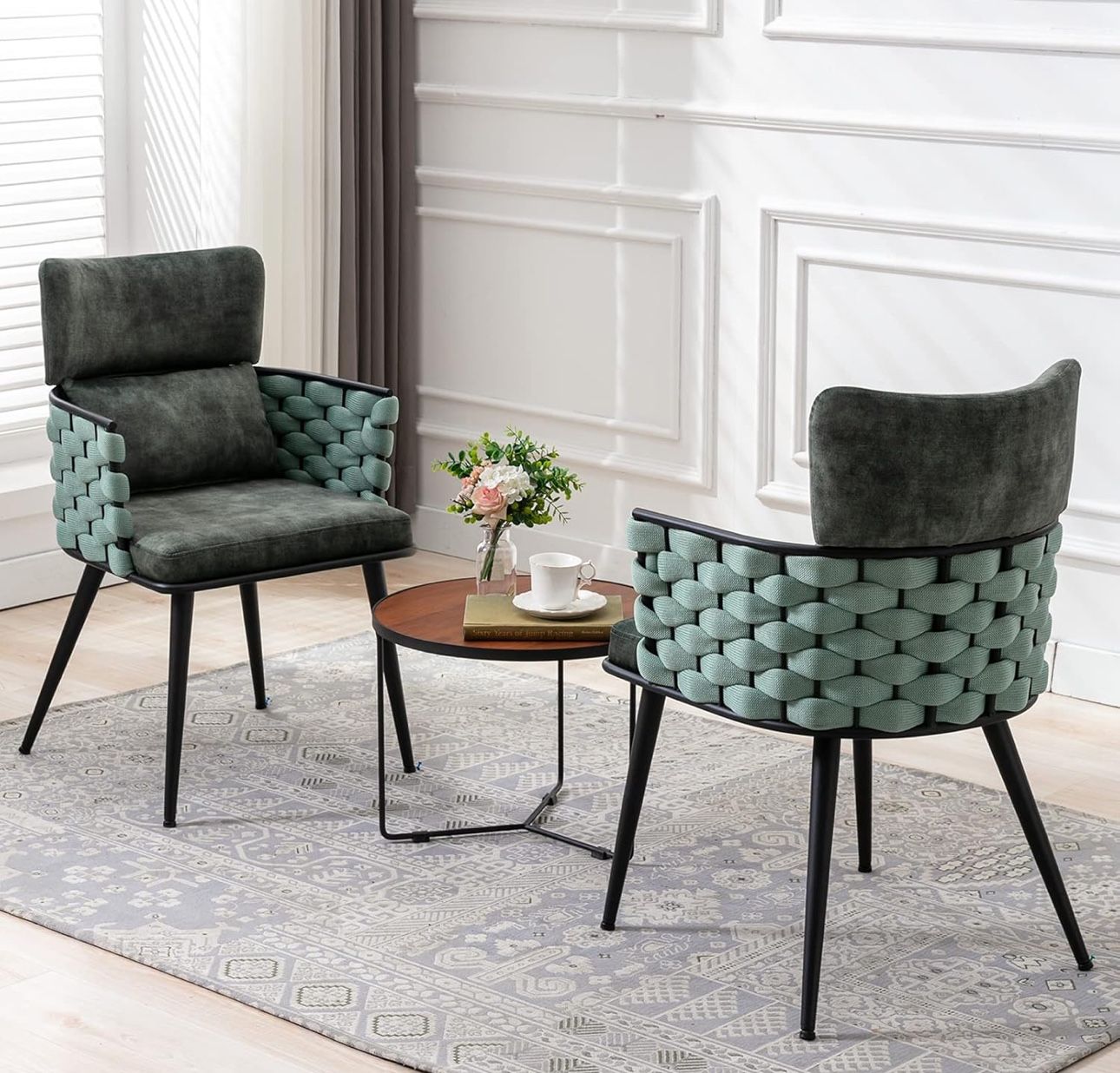 Mid Century Modern Dining Chairs Set of 2, Handmade Woven Kitchen