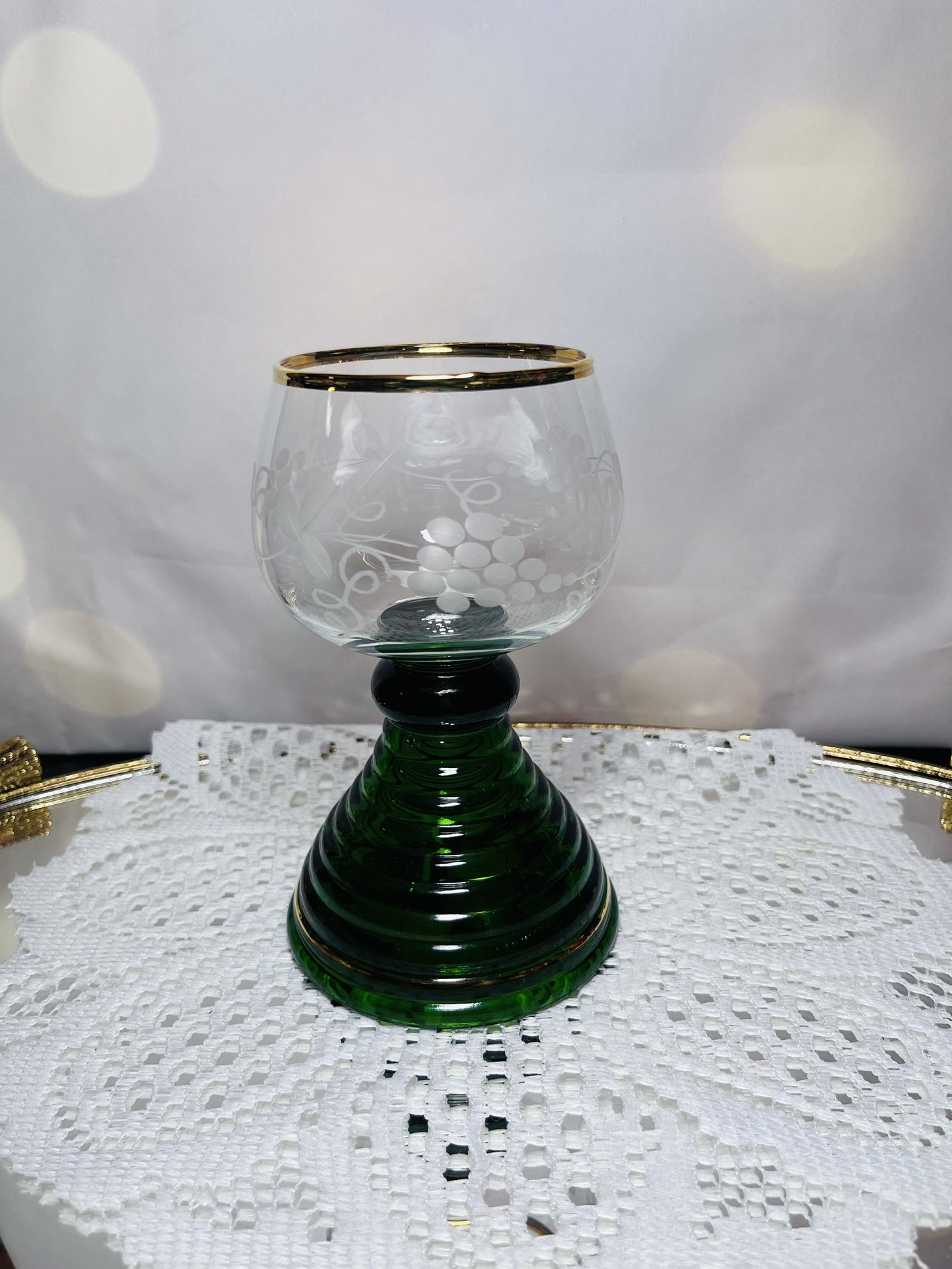 Vintage WINE Glass GOBLET Gold Gilded w/ Etched Grapes & Leaves ,Musical