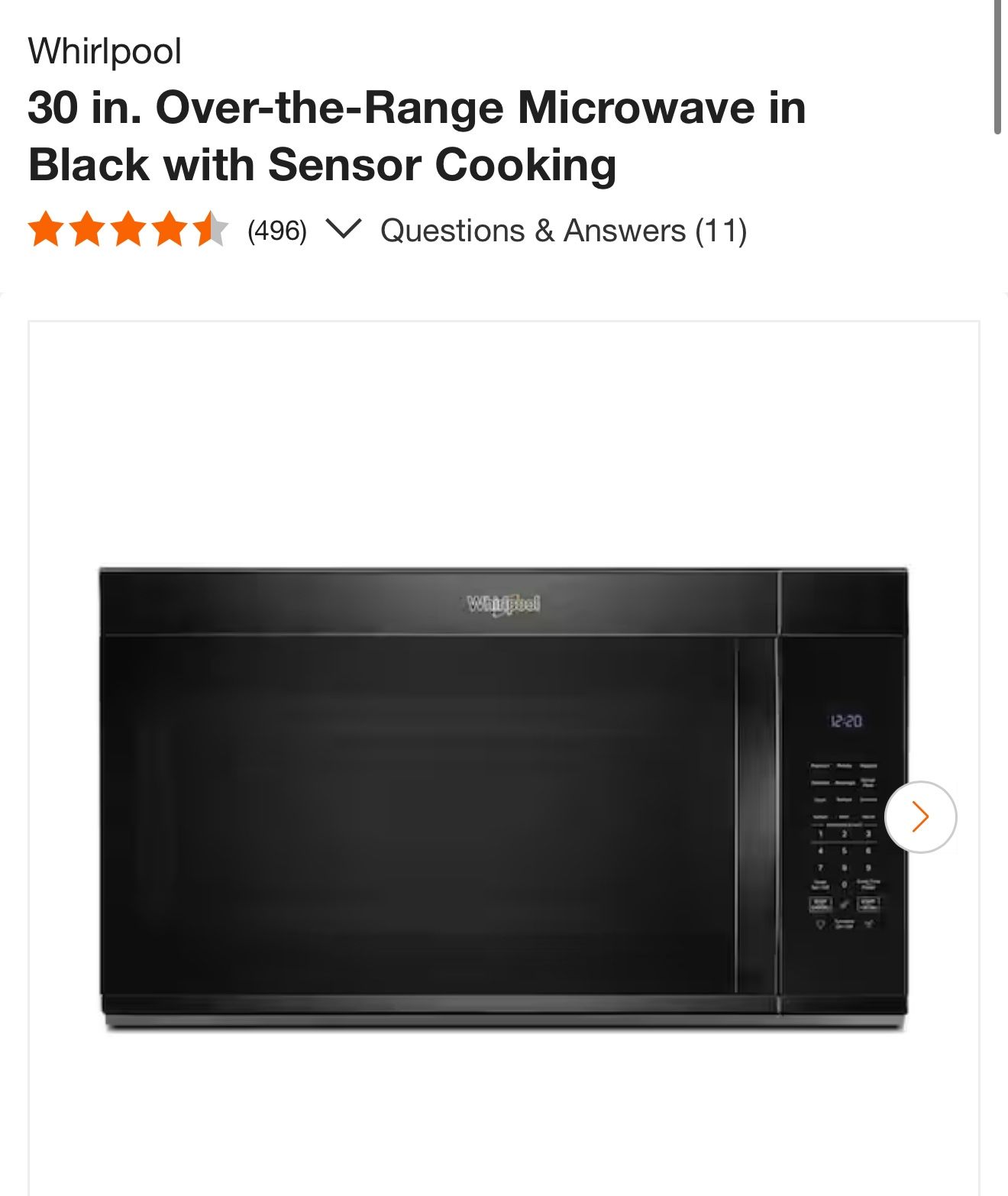 Whirlpool 30 in. Over-the-Range Microwave in Black with Sensor Cooking