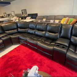 Madrid, Black Leather Reclining Sectional Now $1299. Easy Finance Option, And Same-Day Delivery.