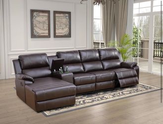 Brown leather fully reclining sectional couch and chaise lounge