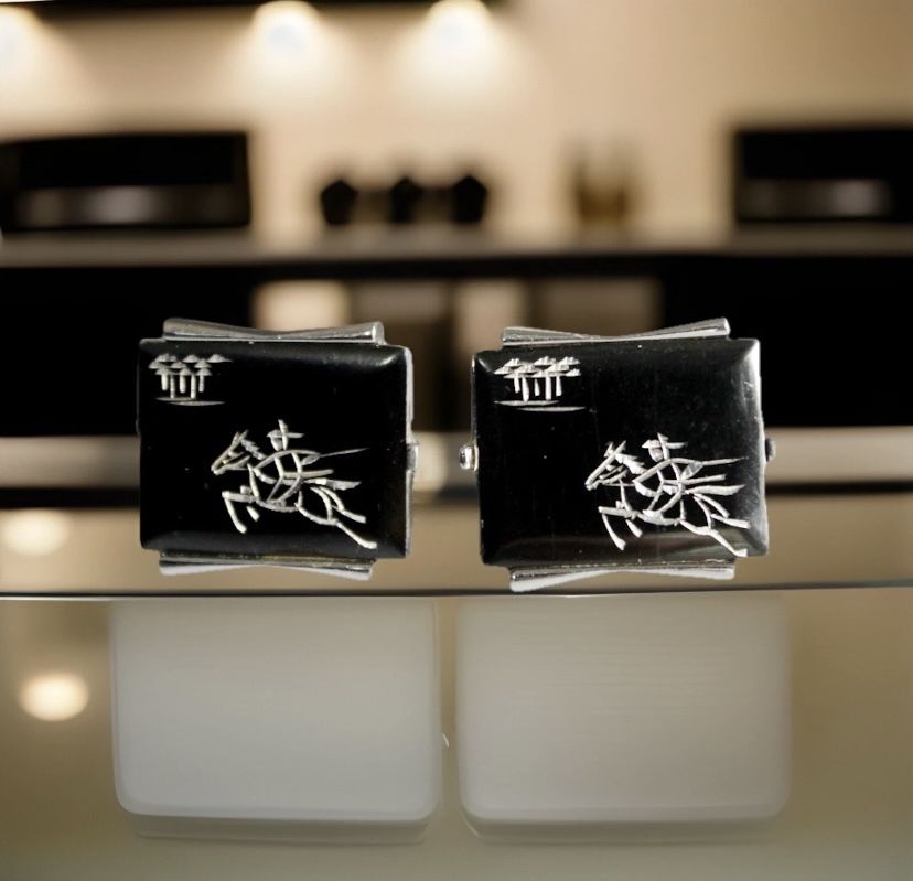 Vintage Warrior Cufflinks / Antique Swank Cuff Links, Black Onyx cufflinks