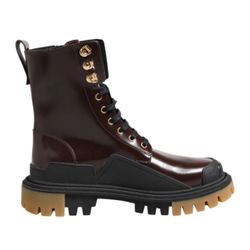 Dolce & Gabbana Brown Black Leather Boots Zipper Lace Up Men's Shoes