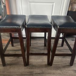 Three Navy Leather And Wood Barstools/counter Stools