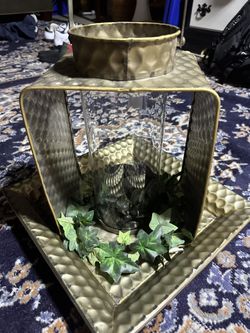 Metal Candle Holder With Glass Hurricane And Tray