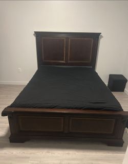 Dark Brown Solid Wood Queen Sized Bed with free (lightly used) Mattress