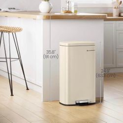 Trash Can with Lid, 8 Gallon Garbage Can, Stainless Steel Small Waste Bin with Step Pedal and Inner Bucket, Soft Close, Kitchen, Sand Beig