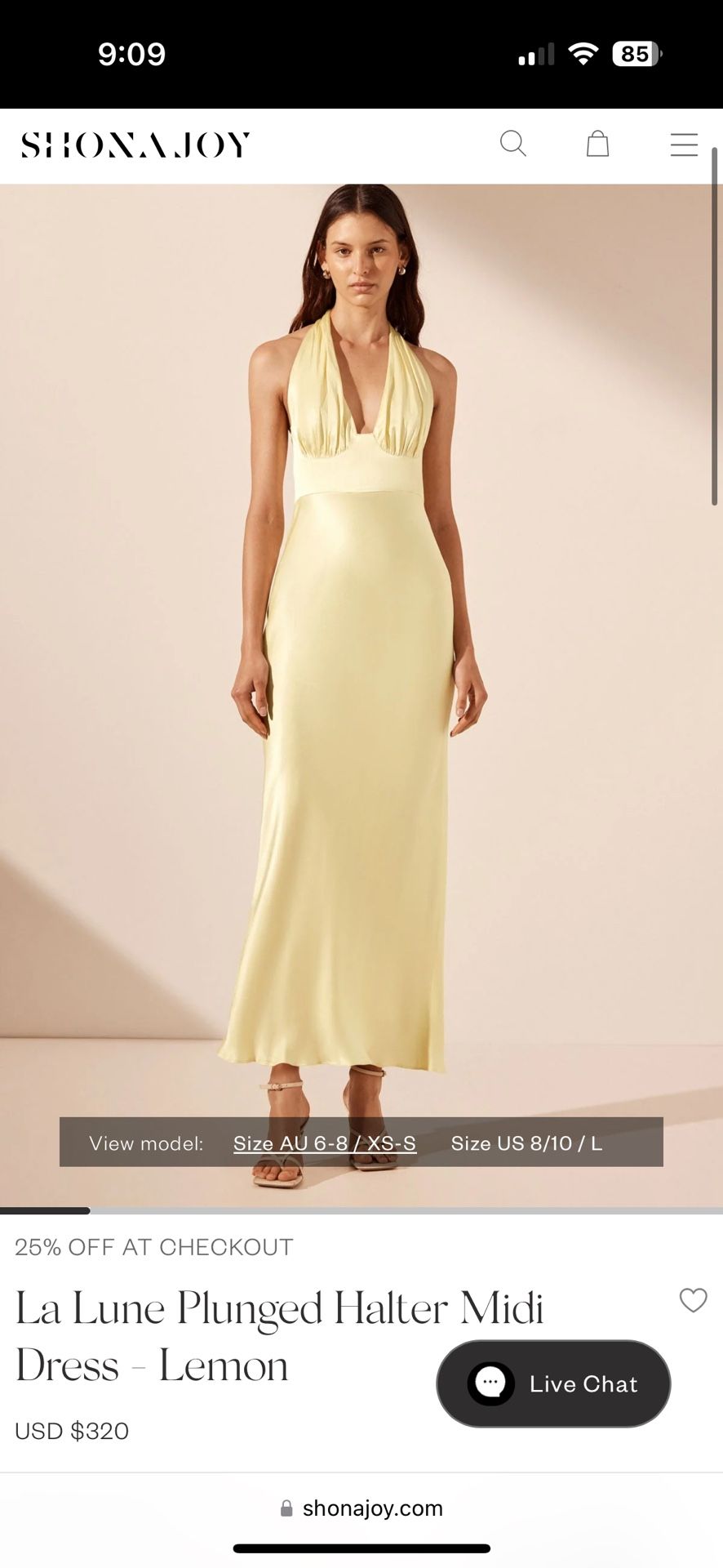 Shona Joy Lemon Halter midi dress (size 6 US)