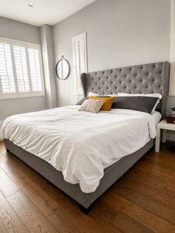 King Tufted Wingback Bed Frame with Nailhead Trim