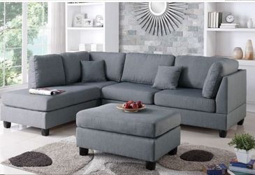 Brand New 3pc Ivy bronx vita grey polyfiber fabric sectional sofa reversible chaise and ottoman