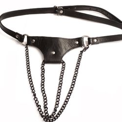 Female Soft Nappa Leather  T-Thong Panties With Chain Black Or Silver Chain