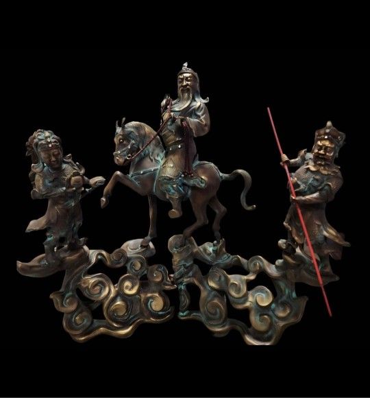 Large Vintage Asian Cast Metal & Rhinestone Warrior Group Sculpture