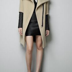 ZARA Size Small COAT CAMEL QUILTED FAUX LEATHER WOOL BLAZER JACKET