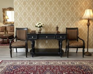Luxurious black wooden console / sofa table marble top insert, drawers lower $150,  Italian made Rossetti collection solid accent wood arm chair $95 e