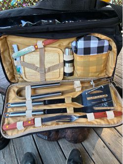 New black insulated cooler bag with grill tools & shoulder strap