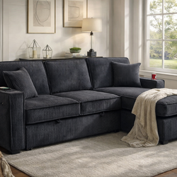 Black Corduroy Sleeper Sectional Couch w/ Storage & USB – Sofa