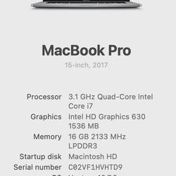 MacBook Pro 2017 15 inch 16 gb 1 TB