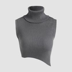 Cider Sleeveless Ribbed Asymmetric Turtleneck Crop Top - Gray, size S/4