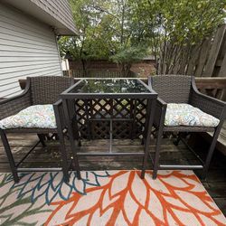 Patio High Glass And Metal Table, 2 Resin Chairs With Cushions And Umbrella And Stand