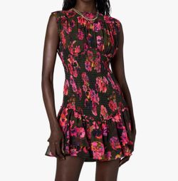 Amur Women’s black Floral Mini Dress High Neck Sleeveless Smocked Ruffle