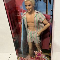 Barbie The Movie Ken Doll, Collectible Wearing Pastel Pink & Green Striped Beach Matching Set