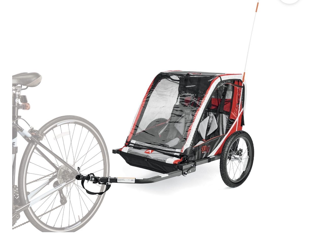 Allen Sports Deluxe 2-Child Bike Trailer up to 50 Ibs each, Model T2, color Red. Max weight 100 lbs.