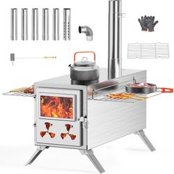 Large Size Camping Wood Stove for Tent, Portable Stainless Steel Wood Burning Stove with 7 Chimney Pipes