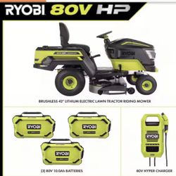 Ryobi 80V HP Brushless 42 in. Battery Electric Cordless Riding Lawn Tractor with (3) 80V 10Ah Batteries and Charger 