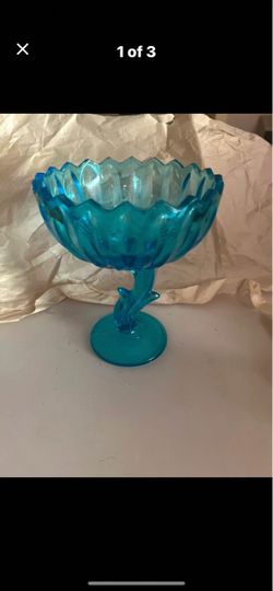 Teal Blue Glass Pedestal Compote Bowl