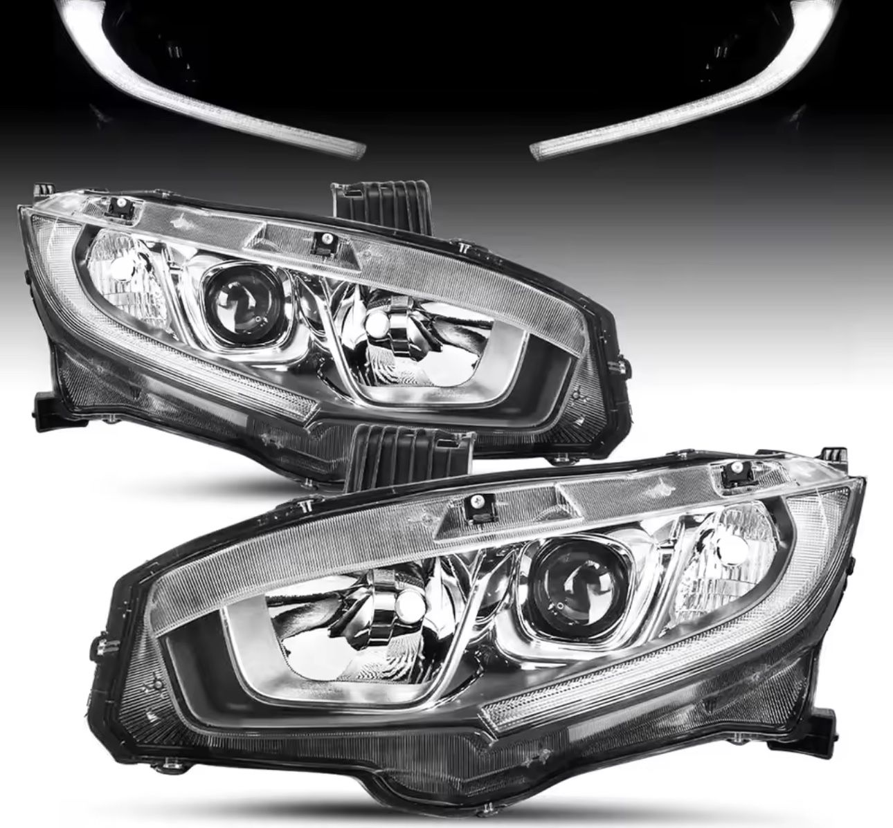 For 2016-2021 Honda Civic [Halogen Type w/LED DRL] OEM Projector Chrome Housing Headlight Headlamp Assembly Replacement Pair 