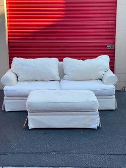 Cream Slip Cover Sofa w/ Ottoman - DELIVERY AVAILABLE