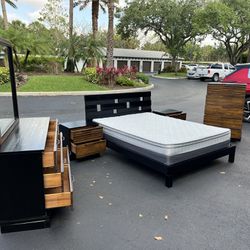 BEAUTIFUL SET QUEEN REAL WOOD W BOX + MATTRESS / DRESSER W MIRROR / CHEST & TWO NIGHTSTAND - BY ROTTA BRAZIL - LIKE NEW - Delivery Available