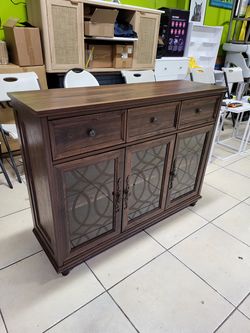 Farmhouse Sideboard Buffet Cabinet with Storage,48" Large Credenza with 3 Glass Doors & 3 Drawers,