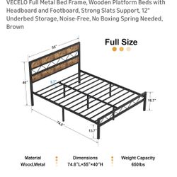 Full Size Bed Frame, Plus Full Size 5” Thick Gel Foam Mattress