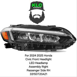 For 2024 2025 Honda Civic Front Headlight LED Headlamp Assembly Right Passenger Side RH 33150T20A21