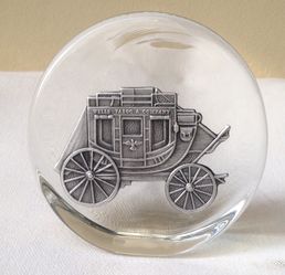 WELL'S FARGO COACH / PEWTER & GLASS PAPERWEIGHT