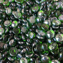 Iridescent Dark Green Glass Mosaic Gems Round Top Flat Bottom 