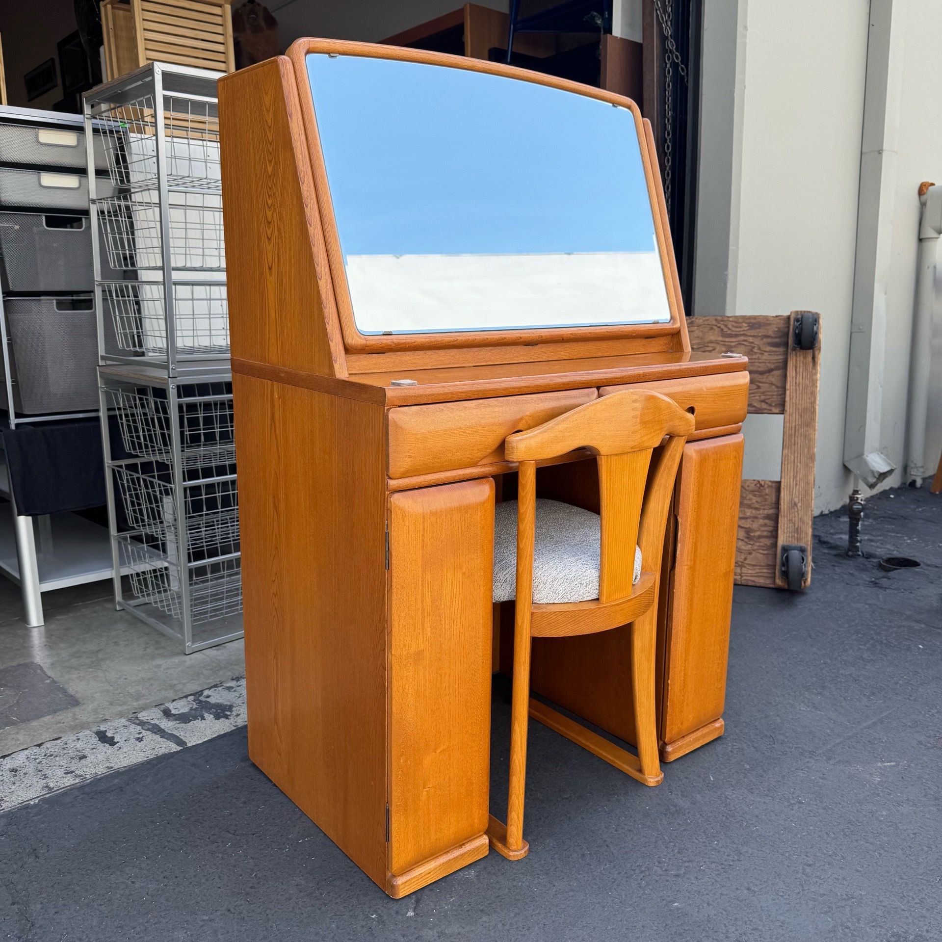 Japanese Vintage Mid Century Modern Vanity Secretary Desk with Chair