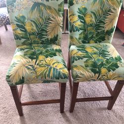 2 - Green  And Blue Tropical Palm Leaves reupholstered Bar Stools