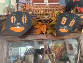 Vintage Hand Painted Halloween Black Cat Cardboard Cutouts – Set of 2