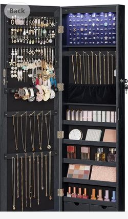 SONGMICS 6 LEDs Mirror Jewelry Cabinet, 47.2-Inch Tall, Lockable Jewelry Armoire Organizer, Wall or Door Mounted, Charcoal Gray and Ink Black, BERIT C